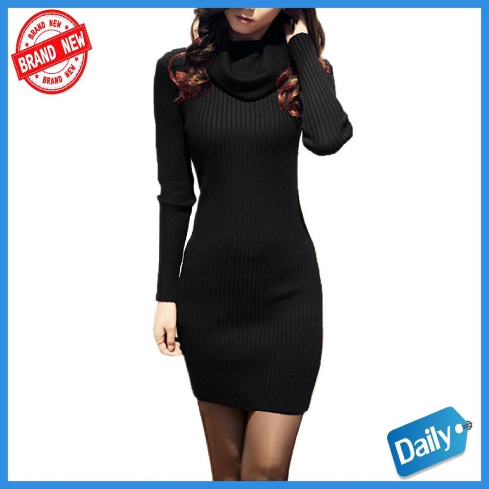 Ribbed Knit Sweater Dress Midi Bodycon Cowl Neck Stretch Fitted